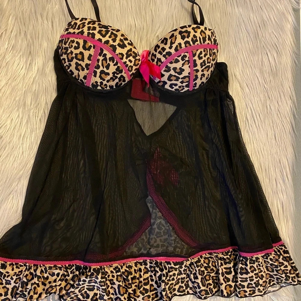 Pink, Black & Cheetah Print Babydoll Lingerie - Picture 2 of 9